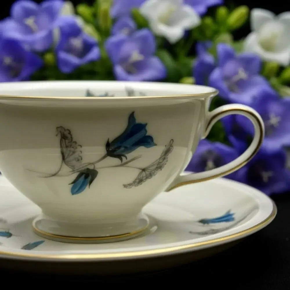 Rosenthal Winifred Teacup Saucer Selb Germany-Blue Bellflowers-Gold Trim-Vintage